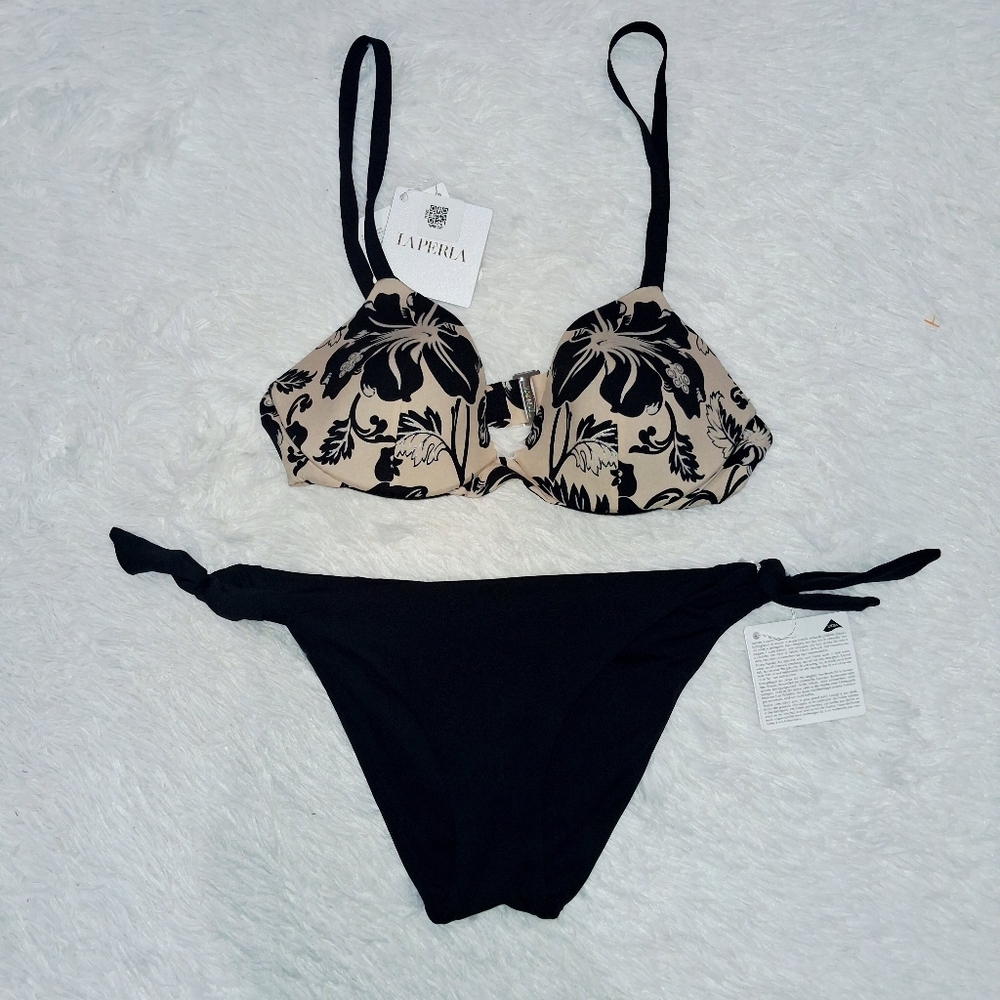 La Perla Tan Black Silver Floral Bikini Small 34B New